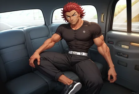 score_9, score_8_up, score_7_up, detailed, <lora:FakeTaxiMeme_XLPD:0.7>, fake taxi, car interior, sitting, ground vehicle, <lora:Char-YujiroHanma-pony:0.8> YujiroHanma, 1boy, male focus, solo, black shirt,muscular male, black pants,short sleeves,pupils, brown eyes,black footwear, red hair, manly, veins, slightly dark skin, smirk,