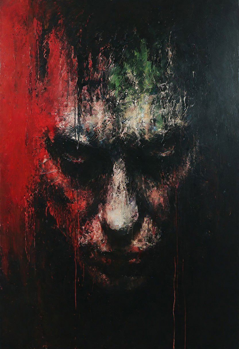 impactful paint of portrait of The Joker   <lora:Disturbia:0.7>,    highly detailed,  sharp,  professional, clear,   high contrast, high saturated, vivid deep blacks, crystal clear