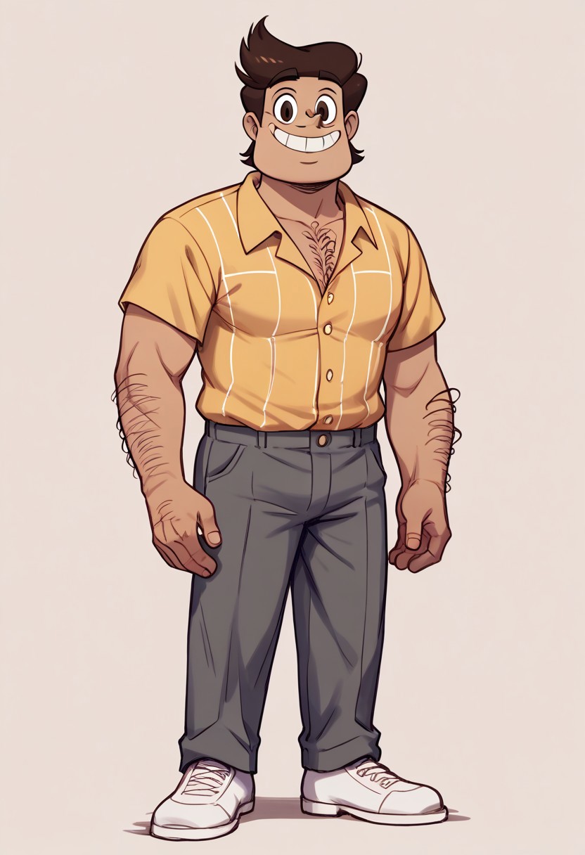 score_9, score_8_up, score_7_up BREAK RafaDiaz, 1boy, brown hair, brown eyes, tan skin, small mustache, hairy chest, hairy arms, yellow polo shirt, dark gray pants, white shoes, mature male, smiling at viewer,