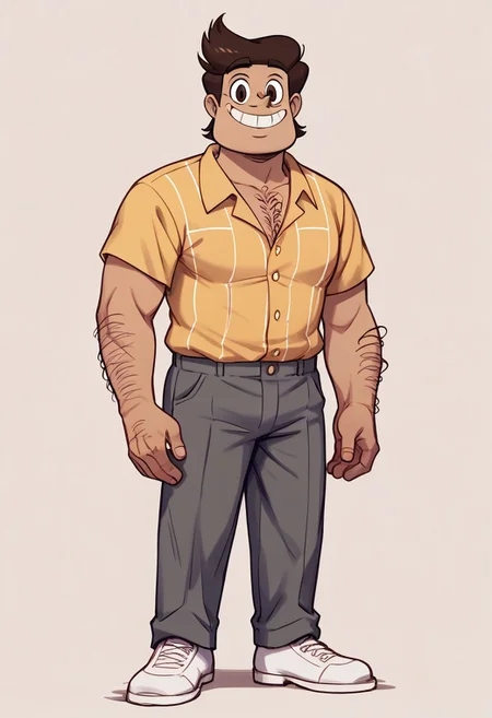 score_9, score_8_up, score_7_up BREAK RafaDiaz, 1boy, brown hair, brown eyes, tan skin, small mustache, hairy chest, hairy arms, yellow polo shirt, dark gray pants, white shoes, mature male, smiling at viewer,
