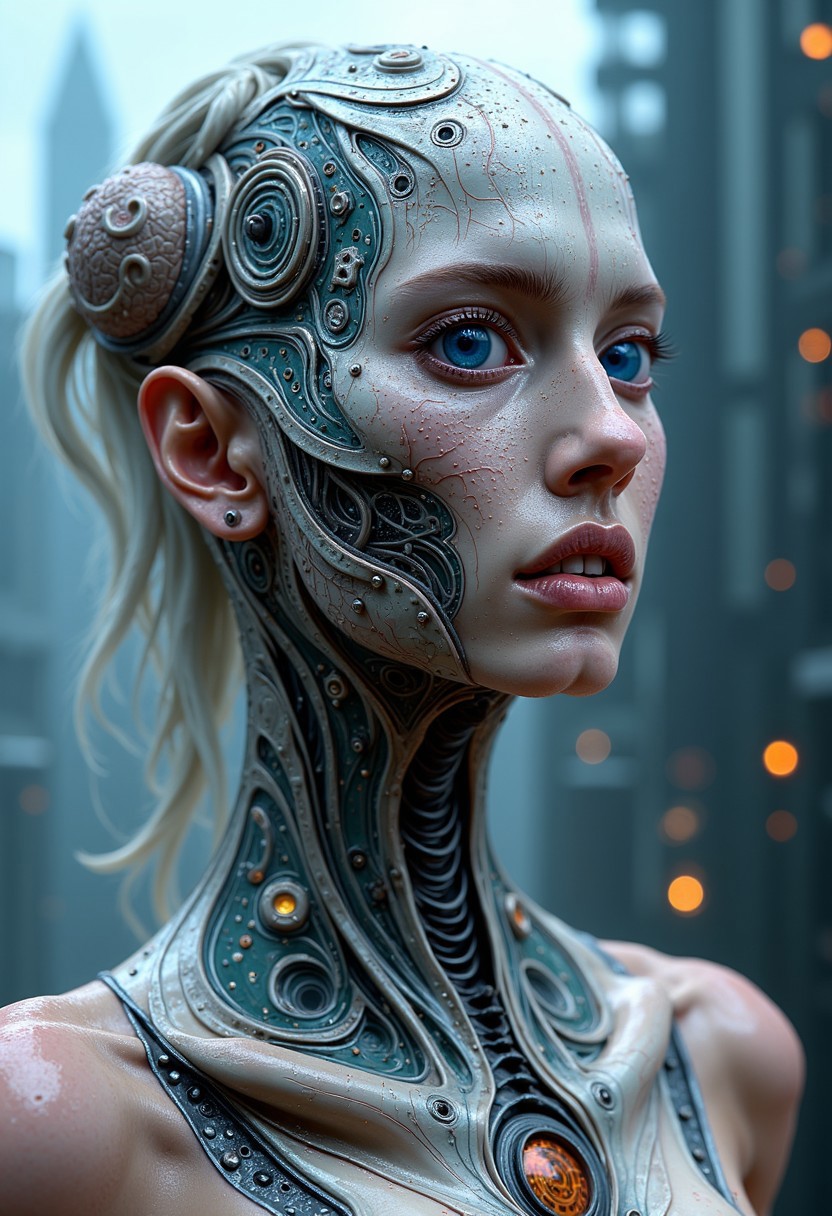 Hyper-realistic portrait of a biomechanical entity, blending organic and artificial elements. The face features smooth, iridescent skin with a pearlescent sheen, transitioning seamlessly into metallic components. Intricate, pulsating circuitry patterns in neon blue and violet weave across the scalp and cheekbones, suggesting advanced neural networks.
Large, multifaceted eyes resemble polished obsidian, reflecting a kaleidoscope of colors. No visible nose, but a series of small, symmetrical vents line the lower face. A barely discernible mouth hints at a modular design.
The entity wears a high-collared, liquid-metal suit that ripples with every subtle movement. The background depicts a futuristic cityscape shrouded in a holographic mist, with ghostly skyscrapers and floating vehicles barely visible.
Lighting alternates between cool bioluminescent glows and warm, golden highlights, creating a complex interplay of light and shadow across the entity's features. The overall color scheme blends cool silvers and blues with warm amber accents.
Captured with impossibly high resolution, every detail from microscopic skin textures to the finest circuitry is crisp and clear. The composition is slightly off-center, with the entity's gaze fixed just past the viewer, suggesting deep contemplation or connection to unseen data streams.
The mood evokes a sense of awe, uncertainty, and the uncanny valley, blurring the lines between humanity, technology, and alien intelligence.