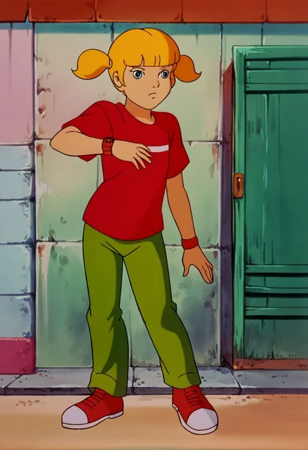 score_9, score_8_up, score_7_up, solo, cowboy shot, 1girl, female focus, SD90style, retro artstyle, source_cartoon, 2D, penny \(inspector gadget\), solo,blonde hair, twintails, blunt bangs, blue eyes, flat chest, full body, red shirt, red shirt, striped shirt, stripe, white stripe, green pants, reinforced knee, wristwatch, reinforced knee, shoes