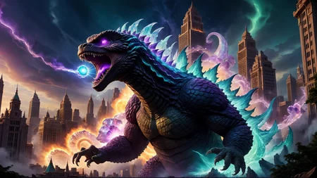 wide shot of godzilla rampaging in mythos fantasy cityscape,  swirling vortex of iridescent light, magic, luminescent power, quartz, amethyst, opal, mixed colors, jade, magical wraith, Godzilla spewing raw energy from its mouth, time long forgotten, mystical, unique forms of crystal shapes, (masterpiece:1.2), (epic composition:1.4), (talent:1.2), ultra detailed, cinematic lighting, highly detailed, insanely detailed, (photorealistic:1.2), hdr, 8k, exquisite, sharp, elegant, ambient lighting, fantasy vivid colors, high quality, <lora:add-detail-xl:2.5> ,<lora:takma2:0.6>