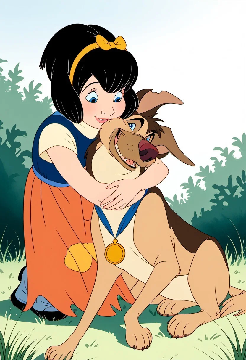 score_9, solo, score_9, charlie_adgth, dog, anne-marie, black hair, hairband, blue eyes, dress, cute, hugging, outdoors, grass, natural lighting,