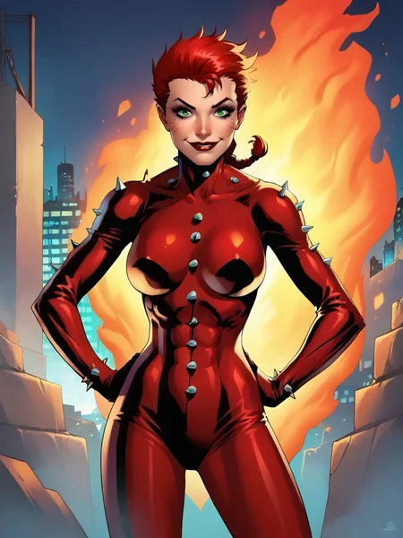 score_9, score_8_up, score_7_up, 1girl, hands on hips, fire around, city, nervous smile, looking at viewer, smile, cowboy shot, (dynamic pose:1.1), dynamic angle,
<lora:RachelSummer_character:0.8> RachelSummer, very short hair, spiked hair, green eyes, red hair, latex bodysuit, spikes, makeup, evil smile, single braid, <lora:jl33XLP:0.7> jl33, science fiction,