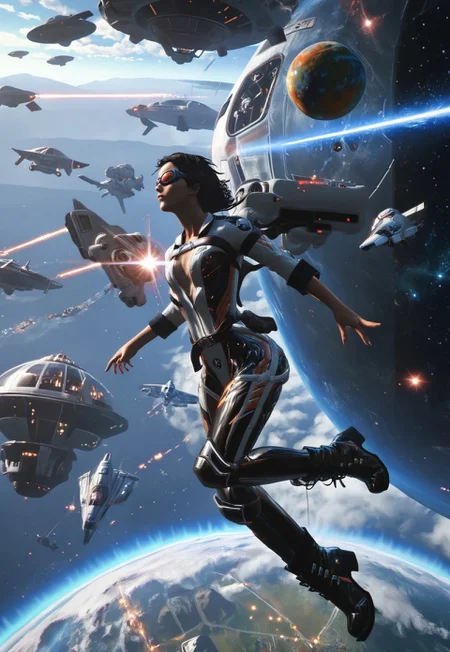score_9, score_8_up, score_7_up, d4rkc0urs3r, power suit, chest harness, utility belt, belt boots, goggles, flying in open space, girl star light, lasers on background, star wars, action, cosmos, mystical futuristic, high resolustion, deep black, Jed-Cosmos