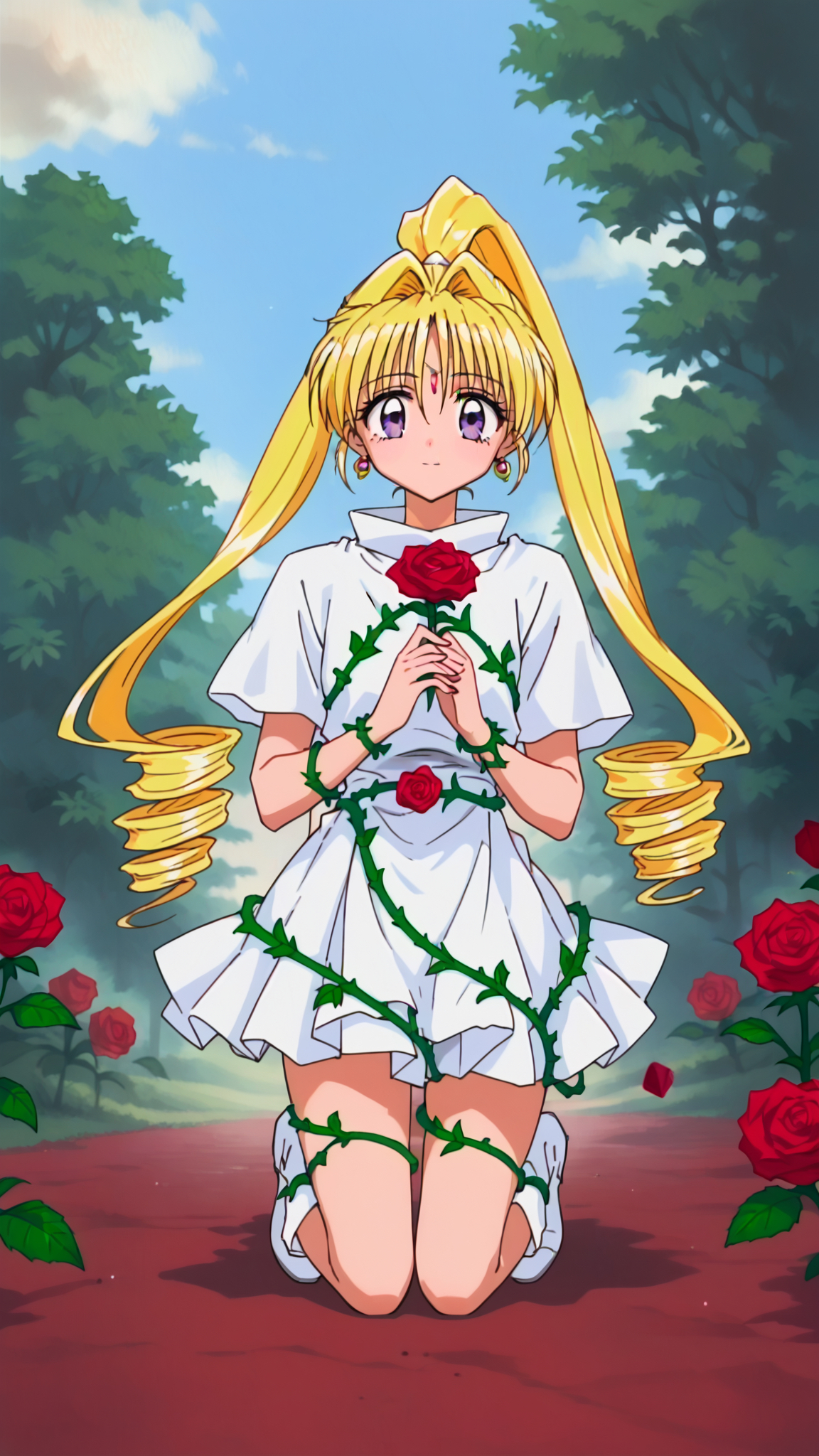 Solo, cute, score_9, score_8_up, score_7_up, KKJs2, artist A style, purple eyes, blonde hair, very long hair, high twintails, high ponytail, drill hair, forehead jewelry, earrings, transformation outfit,White outfit, short sleeves, standing collar, vines on outfit, white layered skirt, vines on skirt, vines on arms, vines on legs, roses on outfit, roses on skirt, bare hands, vines on legs, roses on legs, white boots, vines on boots, roses on boots, in the garden, roses on the ground, many flowers, flower field, kneeling, closed zoom, closed mouth, holding a rose, hands together