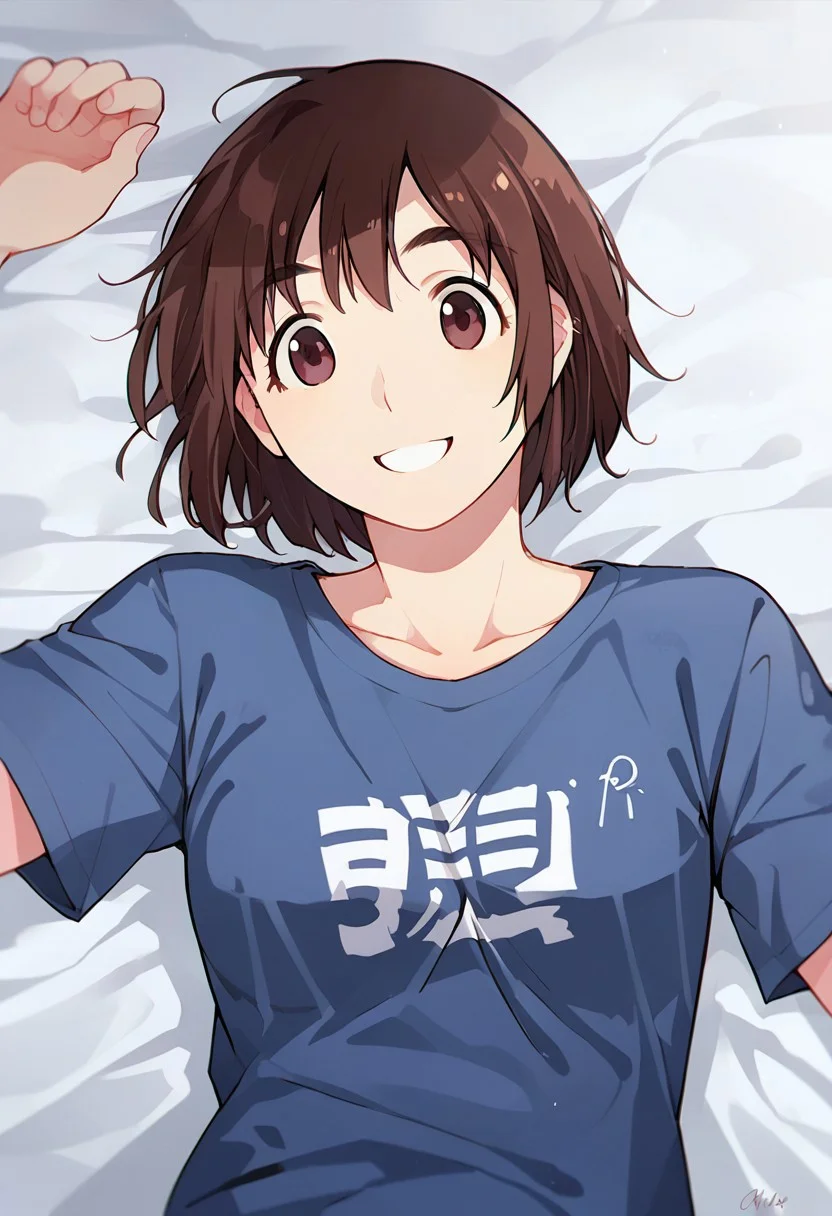 score_9, score_8_up, score_7_up, source_anime, ayase fuuka, t-shirt, standing, upper body, on back, smile, collarbone