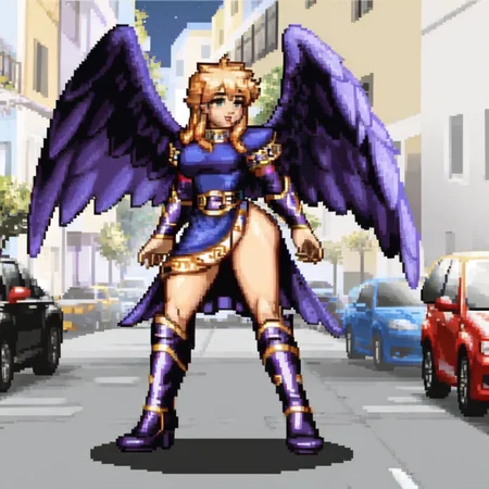(best quality, perfect quality),standing on a street,
<lora:CspPixelArt_Style:1> PixelArt, pixel, 31bits,
bofNina, purple feathered wings, blue dress, bridal gauntlets, knee boots, <lora:nina-nvwls-v1:1>, (best quality, perfect quality),