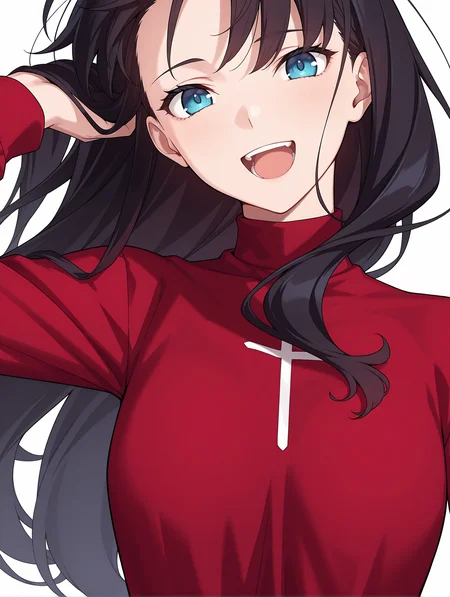 masterpiece,best quality,newest,1girl,solo,
<lora:T_Rin_ilxlv1.3:1>,t_rin,black hair,blue eyes,r_clothes,turtleneck,long sleeves,red shirt,
<lora:Fixhands_anime_bdsqlsz_V1:1>,floating hair,simple_background,white background,laughing,upper_body,front view,portrait,looking_at_viewer,standing,white_background,hair down,hand in own hair,
