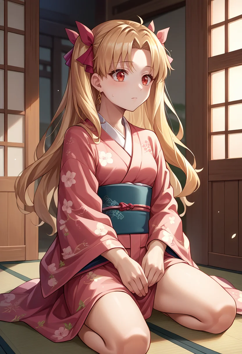 score_9, score_8_up, source_anime, Ereshkigal, two side up, hair ribbon, indoors, kimono, hair flower, floral print, wariza, kneeling, <lora:CHAR-EreshkigalPonyXL:1>