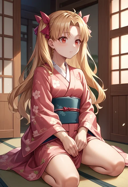 score_9, score_8_up, source_anime, Ereshkigal, two side up, hair ribbon, indoors, kimono, hair flower, floral print, wariza, kneeling, <lora:CHAR-EreshkigalPonyXL:1>