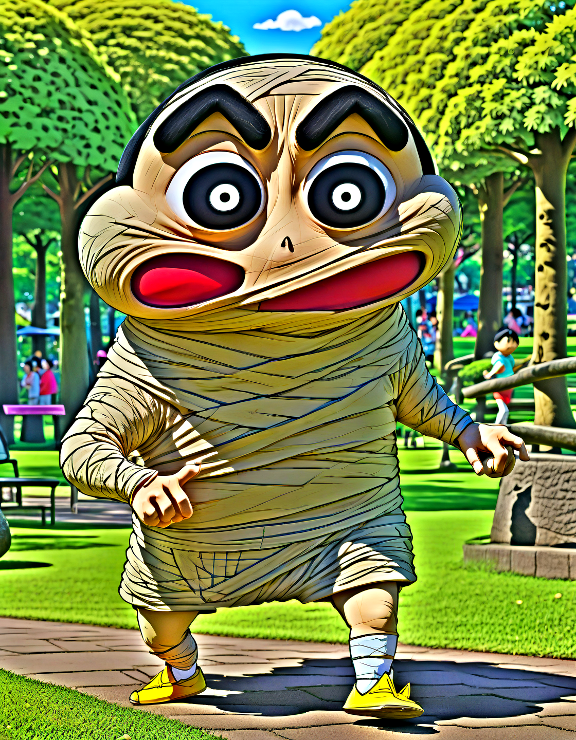 Ankama vivid animation style anime (shin chan:1.1) as eddie, looking like a mummy,at ,walking in a park, hyper detailed, highly intricate,,,. Vibrant colors, expansive storyworlds, stylized characters, flowing motion