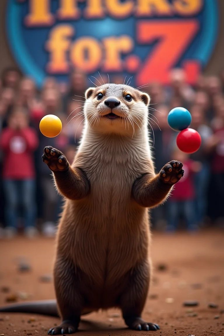 Vibrant, high-contrast photograph of an adorable Otter juggling colorful balls, centered in frame. Sharp focus on the Otter's expressive face and dexterous paws. Blurred background features a large "Tricks for Buzz" banner and excited crowd. Dramatic lighting enhances the Otter's fur texture. Composition emphasizes the spectacle, with rich, saturated colors. Shot with a wide aperture for depth of field effect. 4K resolution, professional-grade wildlife photography style