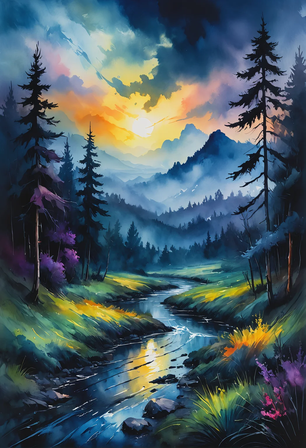 Magic, dark and moody landscape, in Gouache Style, Watercolor, Museum Epic Impressionist Maximalist Masterpiece, Thick Brush Strokes, Impasto Gouache, thick layers of gouache watercolors textured on Canvas, 8k Resolution, Matte Painting