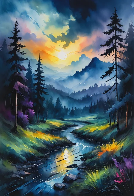 Magic, dark and moody landscape, in Gouache Style, Watercolor, Museum Epic Impressionist Maximalist Masterpiece, Thick Brush Strokes, Impasto Gouache, thick layers of gouache watercolors textured on Canvas, 8k Resolution, Matte Painting