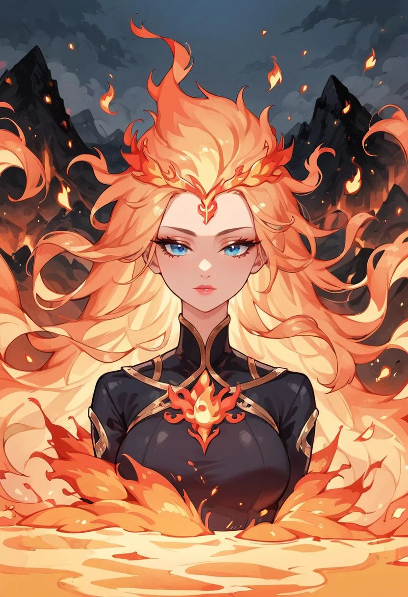 ng_deepnegative_v1_64t, <lora:EpicF1reP0ny:0.8>, score_9, score_8_up, score_7_up, Expressiveh, very detailed, high quality, beautiful fire phoenix, solo, furry feathered clothes, ((human face)), perfect face, volcano background, lidded eyes, perfect eyes, blue eyes, molten lava body, rainbow hair, black glossy body, clothes made of fire, shiny body, wreath of flames erupting from her chest, lava flowing through body, rainbow plumage along body, flowing fire hair, flames erupting from body, pose, hands covered in flames