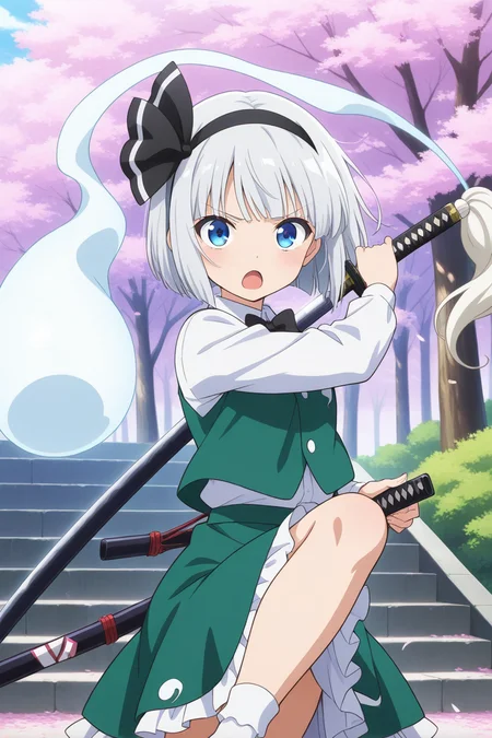 absurdres, highres, masterpiece, best quality, amazing quality, official anime artwork, screencap, anime screencap, serious, day, sakura, open mouth, looking at viewer,
<lora:Youmu-Konpaku_Illustrious:1> konpaku youmu, 1girl, solo, white hair, short hair, blunt bangs, blue eyes,, hairband, hair ribbon, black ribbon, black bowtie, white shirt, collared shirt, green vest, green skirt, socks, katana, ghost, dynamic pose,