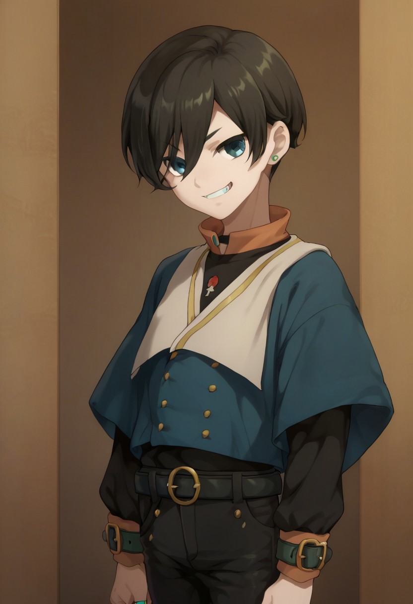 score_9, score_8_up, score_7_up, source_anime, highly detailed, 

jackmouton, 1boy, male focus, solo, jewelry, earrings, blue eyes, black hair, looking at viewer, ring, belt, pants, black pants, hair between eyes, long sleeves, capelet, grin