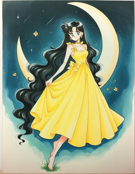 Naoko Takeuchi Style, 1girl, solo, long hair, smile, blue eyes, black hair, dress, bow, ribbon, jewelry, very long hair, full body, flower, earrings, barefoot, choker, necklace, facial mark, traditional media, moon, crescent, yellow bow, forehead mark, retro artstyle, ribbon choker, yellow dress, crescent moon, crescent earrings, yellow choker, crescent facial mark, MangakaPnyXL, <lora:NaokoTakeuchyPonyXL:0.8>