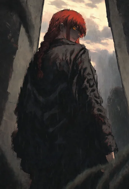masterpiece, highres, absurdres, newest, very awa, painting (medium), wide shot, cinematic shot, rain, sky, sunlight, depth of field, blurry foreground, 1girl, solo, makima \(chainsaw man\), ringed eyes, red hair, braided ponytail, sidelocks, formal suit, black jacket, black pants, from behind, from below, dutch angle, (looking back, looking at viewer,:1.2), arms at side, <lora:spo_sdxl_10ep_4k-data_lora_webui>, <lora:NOOB_EPSv1_1_detailer_by_vlnvk_v1_0>, <lora:noobai_ep11_stabilizer_v0.30_fp16>, <lora:shiej007>