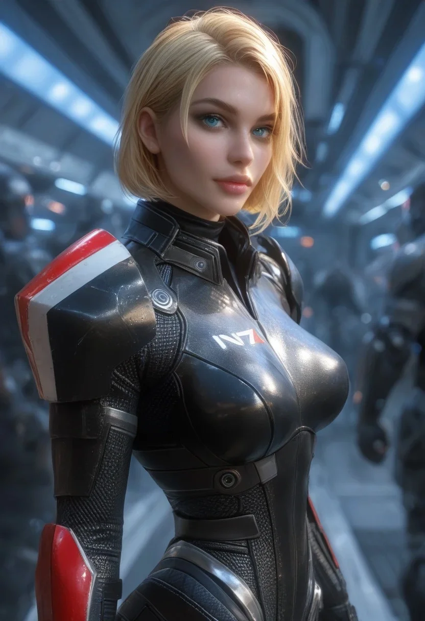 score_9, score_8_up, score_7_up, score_6_up, score_5_up, 1girl, blonde hair, bobcut, blue eyes, busty, seductive smile, looking at the viewer, Expressiveh, realistic, femshepxl, black power armor, N7, full bodysuit, armor, alone, clean spaceship, futuristic