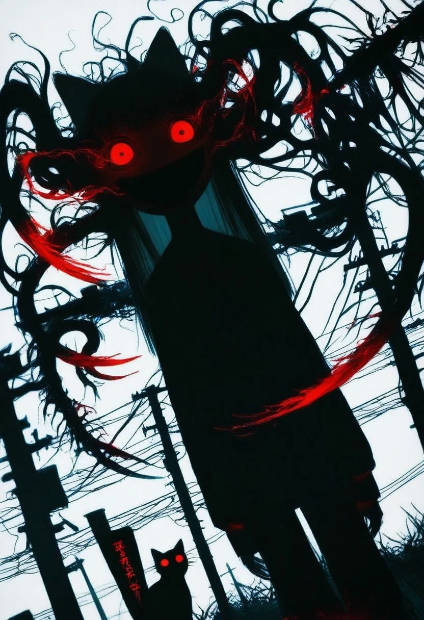 Sinozick_illu, 1girl, cat, red eyes, animal ears, long hair, glowing eyes, spot color, black cat, glowing, cat ears, looking at viewer, solo, animal, white background, long sleeves, blood, simple background, power lines, bangs, no face, dutch angle, dark_theme,soft lighting, horror, madness, abomination, crazy smile,