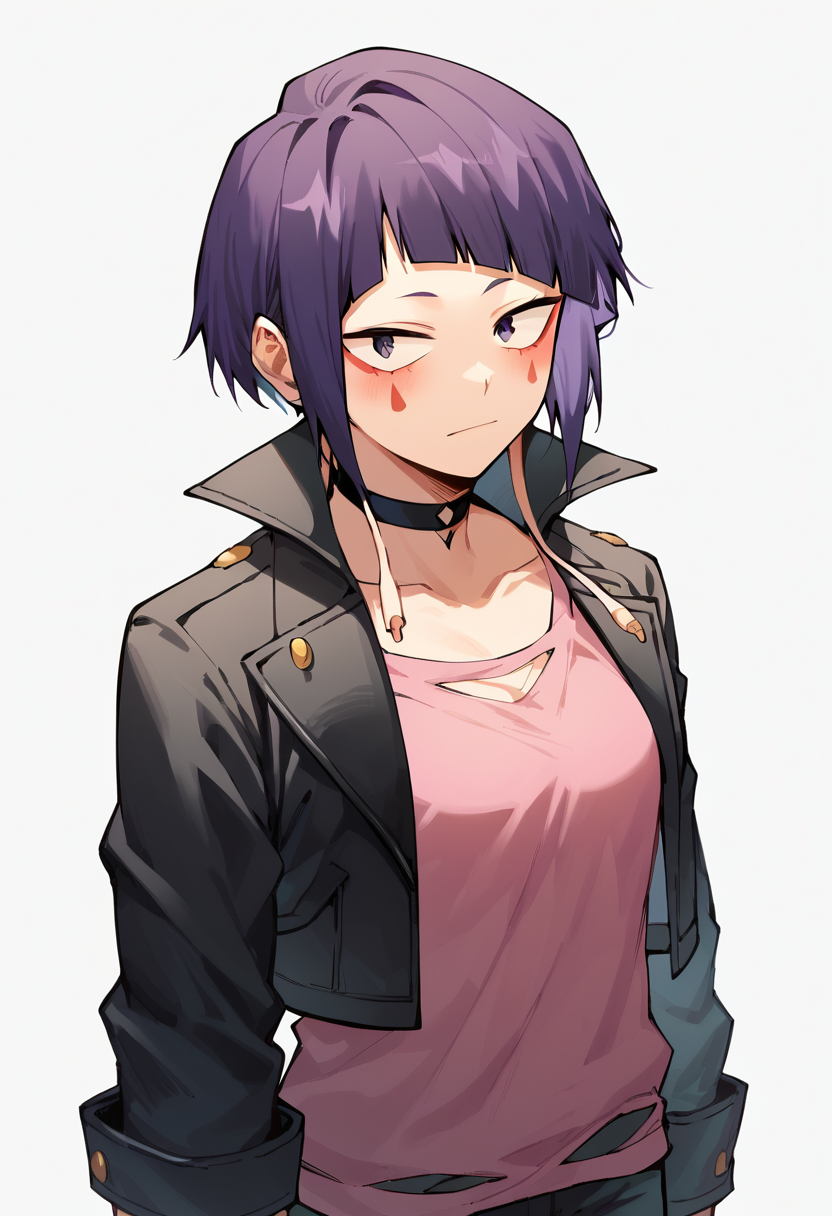 <lora:KyokaJirouPony-10:1> KyokaJirouPony, jirou kyouka, short hair, purple hair, blunt bangs, purple eyes, 1girl, solo,  open jacket, black jacket, black choker, facial mark, black pants,  pink shirt, Posing as if hugging a friend, score_9, score_8_up, score_7_up, score_6_up, score_5_up, score_4_up,