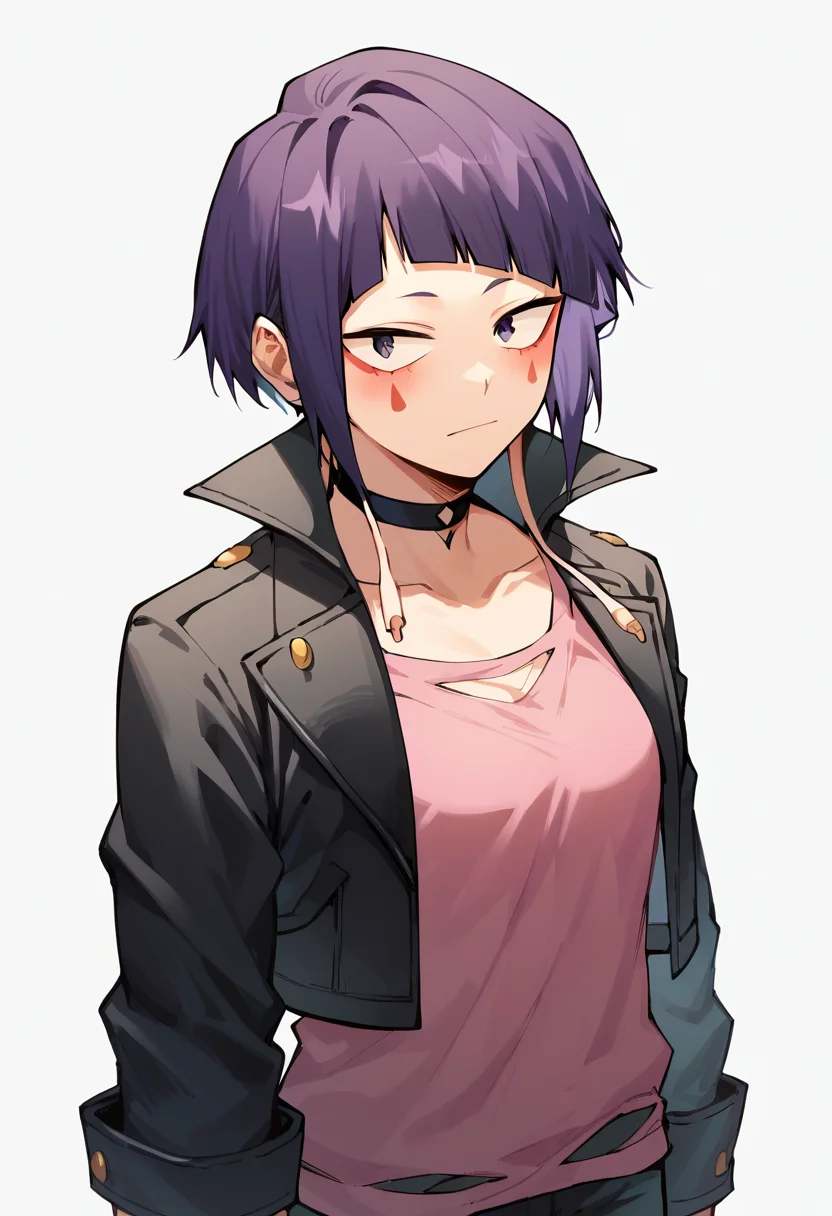 <lora:KyokaJirouPony-10:1> KyokaJirouPony, jirou kyouka, short hair, purple hair, blunt bangs, purple eyes, 1girl, solo,  open jacket, black jacket, black choker, facial mark, black pants,  pink shirt, Posing as if hugging a friend, score_9, score_8_up, score_7_up, score_6_up, score_5_up, score_4_up,