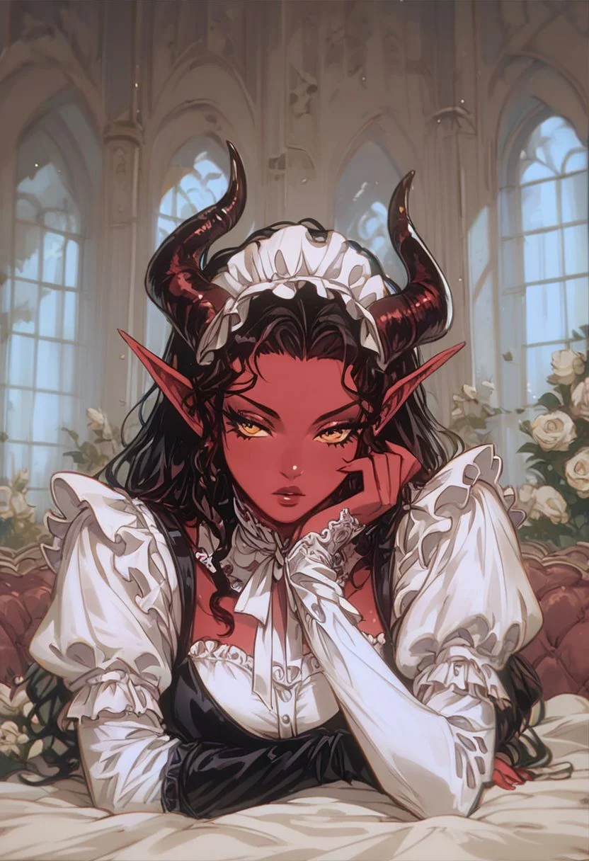score_9, score_8_up, score_8, solo, pointy ears, demon horns, red skin, victorian maid, mansion, indoors