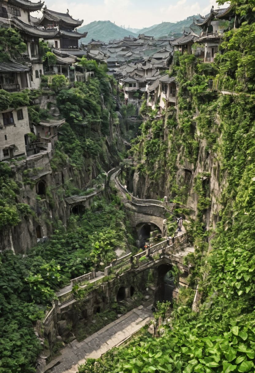 arafed view of a large crater with a walkway in the middle, real life totoro, beautiful hd, everything enclosed in a circle, hou china, pacal votan, looming over the earth, well - decorated, huge black round hole, ivy, solar, <hd, ad, top