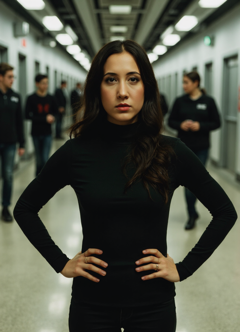SFW, brightly lit, The image shows a woman standing in a hallway with her hands on her hips. She is wearing a black turtleneck top, black leggings, and black high heels. Her hair is styled in loose waves and she is looking directly at the camera with a serious expression. The background is blurred, but it appears to be an indoor space with other people walking around. The overall mood of the image is sophisticated and edgy., aidmaimageupgrader<lora:flux\custom\celebrity\vanessa-carlton.safetensors:1.05:1.05> <lora:flux\turbo-8-step-flux.safetensors:0.5:0.5> <lora:flux\style\Common\aidmaImageUprader-FLUX-v0.3.safetensors:0.25:0.25>