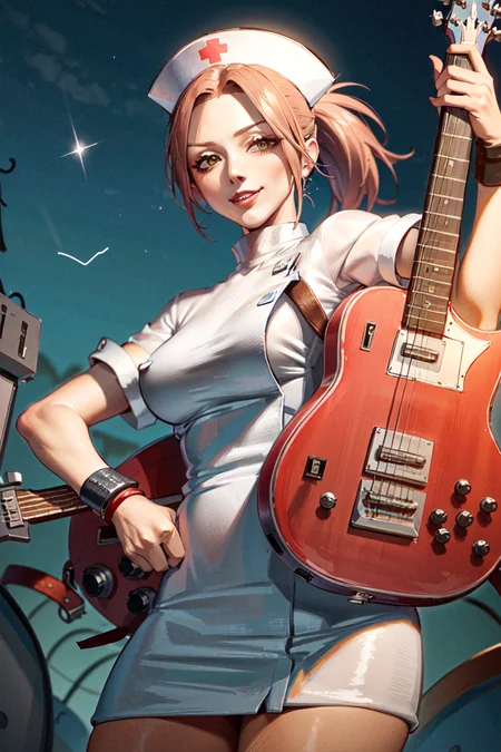 (masterpiece, best quality:1.2), haruko, flcl, nurse outfit, holding, red bass guitar, 1girl, solo, smirk, nurse outfit, large lips, ponytail, bangs, white nurse hat, white nurse outfit, surgical gloves, playing instrument <lora:HARUKO-15:0.8>