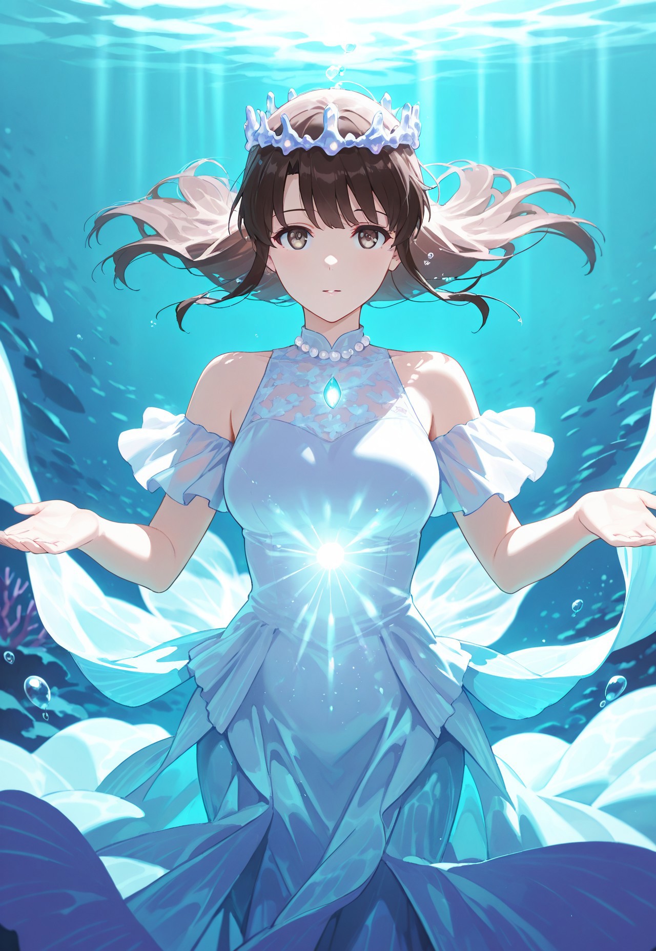 safe_pos, masterpiece, best quality, 1girl,Megumi <lora:IL-KatoMegumi:0.8>,brown hair,katou megumi,brown eyes,medium breasts, long hair, ,medium breasts,  looking at viewer, masterpiece, best quality, iridescent mermaid dress, flowing fabric underwater, pearl accessories, coral crown, underwater palace background, ancient marble columns, floating sea life, glowing bioluminescent creatures, schools of tropical fish, ethereal swimming pose, serene underwater expression, floating hair effect, rays of light through water, sea anemones, crystal formations, bubble effects, aqua blue lighting, underwater caustics, dreamy atmosphere,((eye fix))