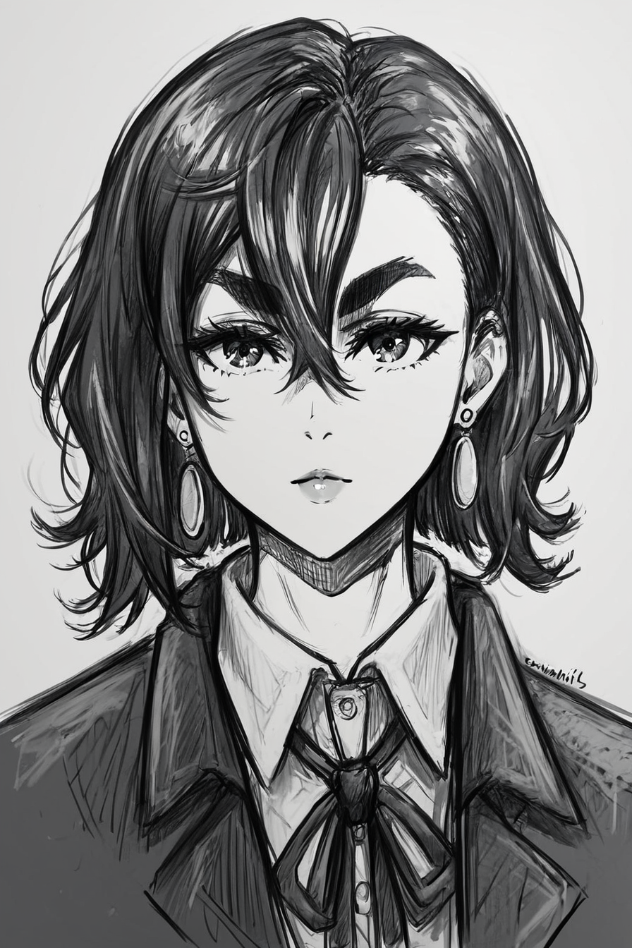 score_9, score_8_up, score_7_up, score_6_up, score_5_up, score_4_up <lora:Momo_Ayase_Dandadan_V1:0.8> KJOmomo, black hair, dark eyes, medium hair, hair between eyes, thick eyebrows, earrings, white collared shirt, oversized pullover, long sleeves, bow, short skirt, untucked shirt,<lora:drawing_style_pony:0.8>, drawing_style, drawing, sketch, 1girl, looking at the viewer, solo, alone, lines drawing, monochrome, greyscale, masterpiece, highres