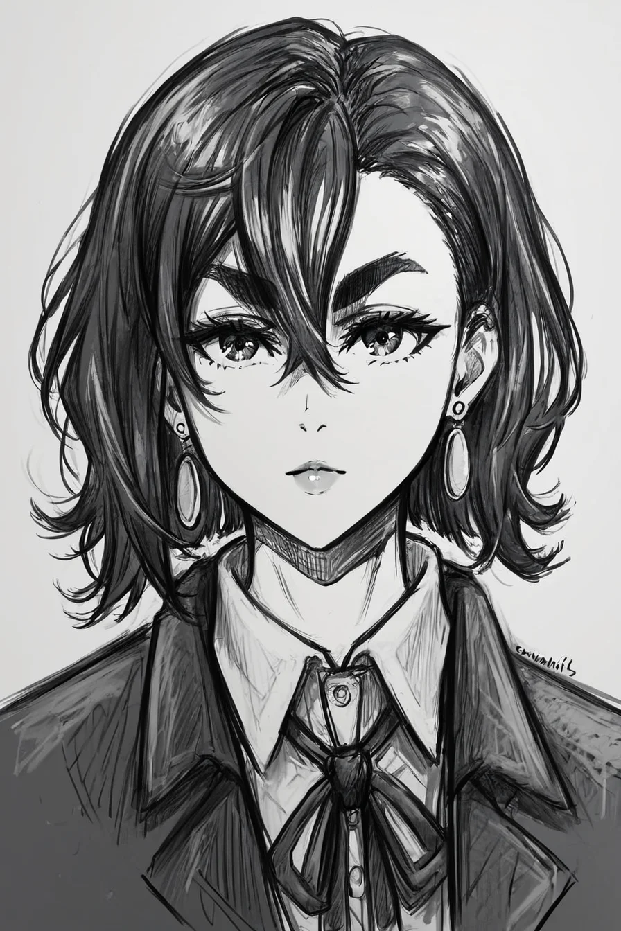 score_9, score_8_up, score_7_up, score_6_up, score_5_up, score_4_up <lora:Momo_Ayase_Dandadan_V1:0.8> KJOmomo, black hair, dark eyes, medium hair, hair between eyes, thick eyebrows, earrings, white collared shirt, oversized pullover, long sleeves, bow, short skirt, untucked shirt,<lora:drawing_style_pony:0.8>, drawing_style, drawing, sketch, 1girl, looking at the viewer, solo, alone, lines drawing, monochrome, greyscale, masterpiece, highres