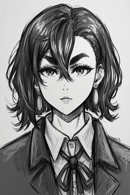 score_9, score_8_up, score_7_up, score_6_up, score_5_up, score_4_up <lora:Momo_Ayase_Dandadan_V1:0.8> KJOmomo, black hair, dark eyes, medium hair, hair between eyes, thick eyebrows, earrings, white collared shirt, oversized pullover, long sleeves, bow, short skirt, untucked shirt,<lora:drawing_style_pony:0.8>, drawing_style, drawing, sketch, 1girl, looking at the viewer, solo, alone, lines drawing, monochrome, greyscale, masterpiece, highres
