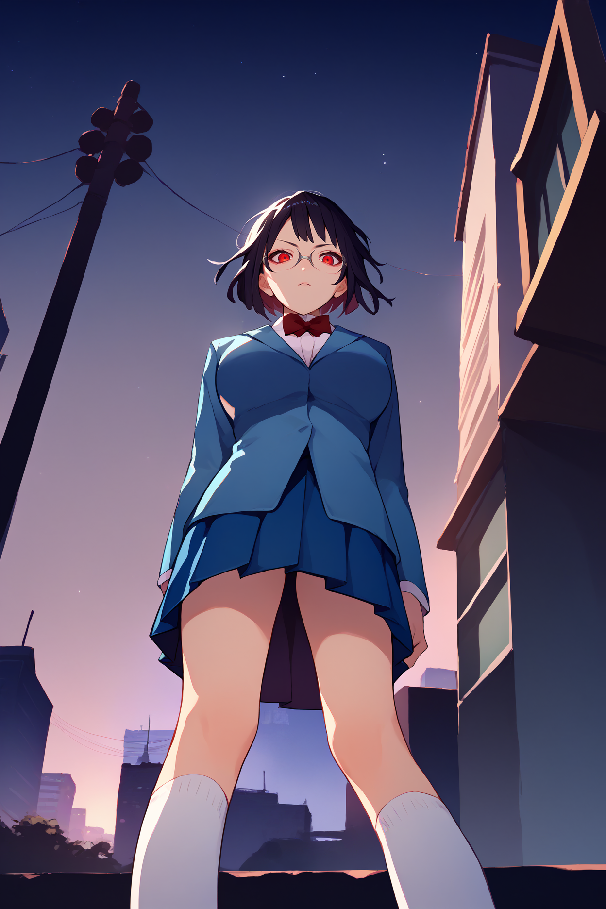 score_9, score_8_up, score_7_up, score_6_up, source_anime, 1girl, solo, <lora:sonoharaanri-pdxl-nvwls-v1-000006:1> anri, black hair, short hair, bob cut, glasses, blue blazer, red bowtie, collared shirt, dark blue skirt, pleated skirt, big breasts, socks, loafers, red eyes, serious, from below, stare, looking at you, night sky, city, night, black background