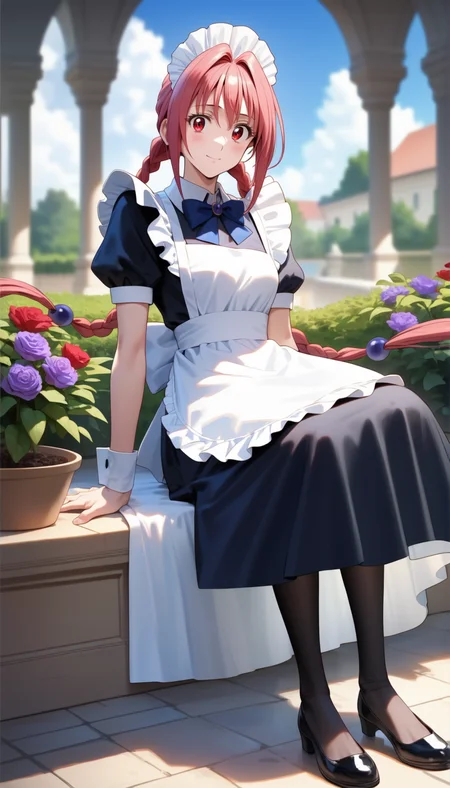 score_9,score_8_up,score_7_up,
<lora:dorothy>,doroshii,1girl,solo,
pale skin,red eyes,
long pink hair,bangs,two braided pigtails,dark purple jewels in braided pigtails,
maid headdress,maid costume,large white bow on lower back,white apron,short puffed sleeves,dark blue bow tie,black shoes,black pantyhose,
looking at viewer,smile,
outdoors,blue sky,elegant mansion with a beautiful garden and courtyard,
vignetting,blurry background,
sitting,