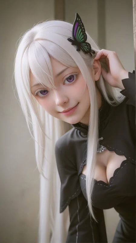 zPDXLxxx,score_9,score_8_up,score_7_up,realistic,masterpiece,best quality,perfect anatomy,very aesthetic,absurdres,
<lora:Quality tweaker_last:-2>,
<lora:Breast Slider - Pony_alpha1.0_rank4_noxattn_last:2>,
solo,blush,smile,
leaning forward,from side,from below,bent over,adjusting hair,arm behind head,
<lora:Echidna PonyXL Anzhc v1.6:1>,
echidna,purple eyes,white hair,hair between eyes,very long hair,butterfly hair ornament,
original dress,black dress,