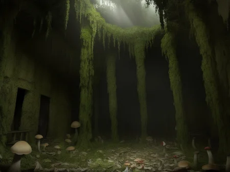 Long exposure photo of underwater world, collapsed buildings, butterflies shilouettes, bubbles, Horror-themed forgotten stones, overgrown foliage, silent memories, A dark green skein of vines and monstrous mushrooms the height of a man, stalactites and stalagmites, and at the bottom a carpet of damp mold that imprisoned the legs. The light was scarce, and the whole thing gave off a sweet and violent smell. The smell of mushrooms is hallucinogenic . Eerie, unsettling, dark, spooky, suspenseful, grim, highly detailed <lora:RomanInterior-10:0.8> RomInt . Blurred motion, streaks of light, surreal, dreamy, ghosting effect, highly detailed