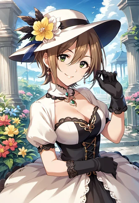 score_9, score_8_up, score_7_up, source_anime,kimura natsuki, short hair, brown hair, green eyes, 1girl, hat, gloves, solo, jewelry, dress, black gloves, smile, flower, cleavage