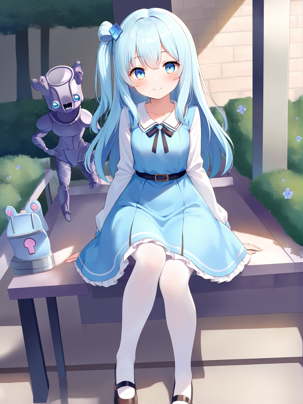girl,dress,pantyhose,blue dress,white legwear,light blue hair,blush,looking at viewer,one side up,smile,hair ornament,solo,<lora:feet v3:1>,<lora:hands5g:1>,<lora:1280XWindows11å¥³å­©noobXL-000016:0.6>,stand \(jojo\), park,, masterpiece, best quality,