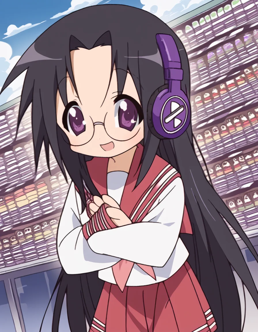 score_9, score_8_up, score_7_up, source_anime, <lora:hiyori-tamura-s1-ponyxl-lora-nochekaiser:1>, hiyori tamura, long hair, black hair, very long hair, purple eyes, glasses,, skirt, long sleeves, school uniform, pleated skirt, serafuku, sailor collar, neckerchief, red skirt, ryouou school uniform,, music store, browsing records, headphones, vinyl collection, nostalgic, smile, <lora:x-arms-ponyxl-lora-nochekaiser:1>, x arms, blush, open mouth, leaning forward,, looking at viewer, solo,, dutch angle, cowboy shot