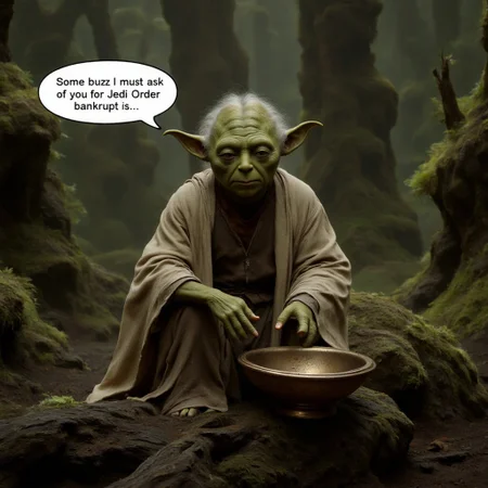 DarkAtmosCE style, Excellent quality photorealistic image of sad and tired looking Yoda from Star Wars sitting on tree trunk, surrounded by alien greenery in Dagobah forest, holding an empty beggar's bowl and looking at viewer. Above him is speech bubble with following words:
“Some buzz I must ask of you for Jedi Order bankrupt is..."