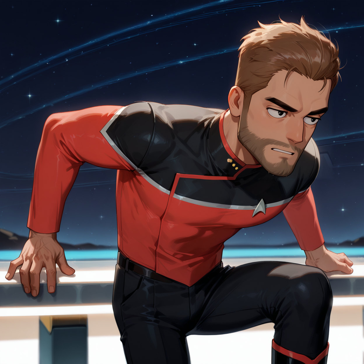 <lora:Star Trek Lower Decks - Jack Ransom - Illustrious-000006:.7>, jackrans0m, 1boy, mature male, muscular, black eyes, stubble, star trek uniform, red two-tone uniform, black pants, uniform boots
(very short hair, beard, bara, mature, facial hair, stubble, beard, full beard, sideburn, beard, a lot of beard, ), facial hair,male focus, muscular male, muscular male, bara, mature,  bara, mature, aixiwuganda_(20222192), very awa, masterpiece, best quality, absurdres, newest, perfect quality, detailed background, intricate details,
<lora:slider_Body Type_alpha1.0_rank4_noxattn_last:3><lora:style_Anime Summer Days 2 Style SDXL_LoRA_Pony Diffusion V6 XL:.6><lora:slider_cfg_scale_boost:.7><lora:Artist6p:.55>, Artist6p, Artist04p,<lora:slider_il_brightness_slider_d1:-1><lora:slider_il_contrast_slider_d1:-1><lora:slider_DarkSlider1.2_alpha1.0_rank16_full_300steps:-.6>