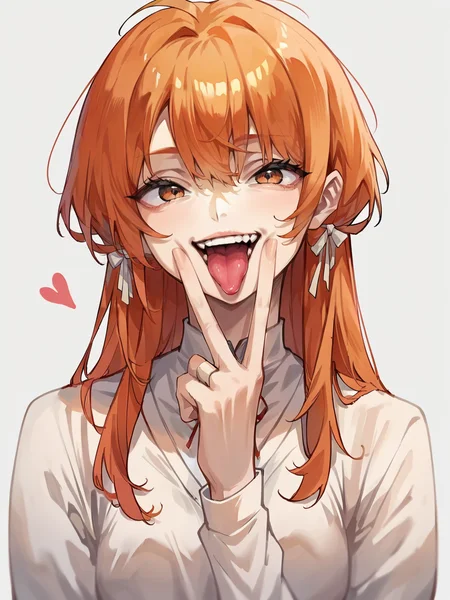 score_9, score_8_up, score_7_up, score_6_up, score_5_up, source_anime, 1girl, <lora:VoverfaceXLP:1> v over face, tongue out, long hair, ginger hair