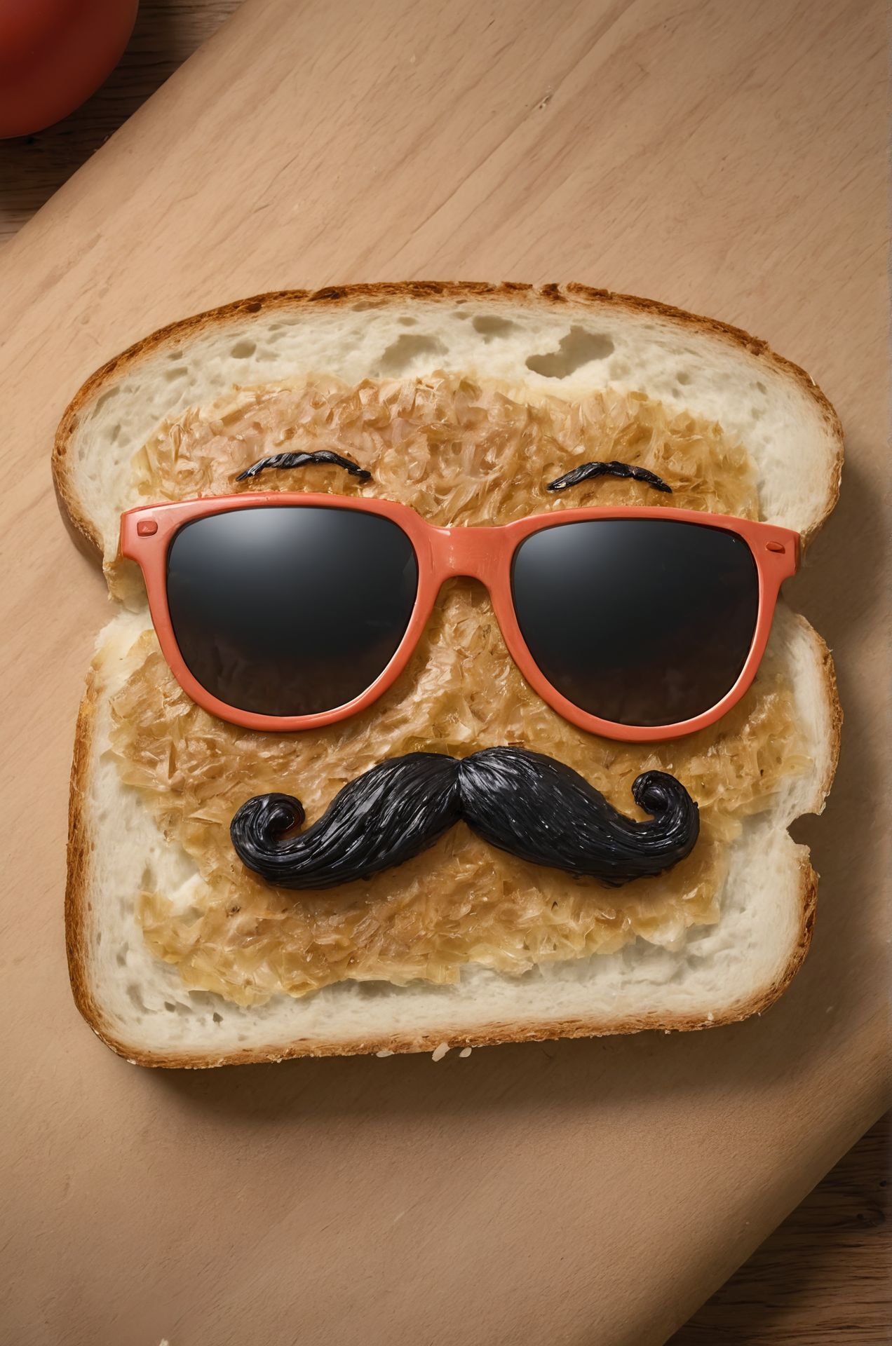 A pair of sunglasses and a mustache drawn on a slice of bread, with the caption: "Bread-y for anything with my disguise." 
Absurdres, ultra realistic, professional lightning
many details, extreme detailed, full of details,
Wide range of colors., Dramatic,Dynamic,Cinematic,Sharp details
Insane quality. Insane resolution. Insane details. Masterpiece. 32k resolution.