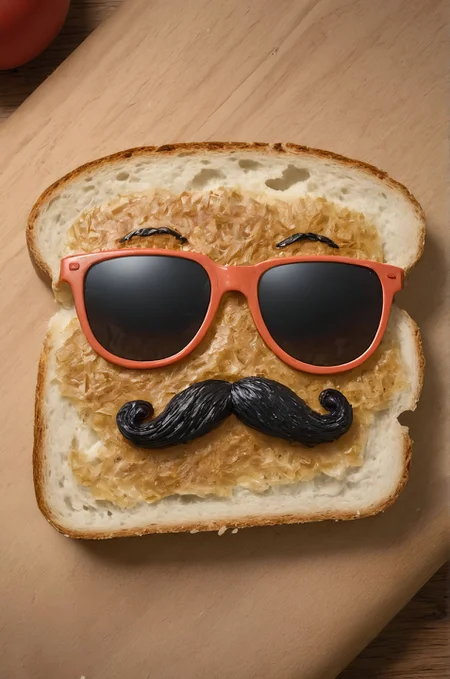 A pair of sunglasses and a mustache drawn on a slice of bread, with the caption: "Bread-y for anything with my disguise."
Absurdres, ultra realistic, professional lightning
many details, extreme detailed, full of details,
Wide range of colors., Dramatic,Dynamic,Cinematic,Sharp details
Insane quality. Insane resolution. Insane details. Masterpiece. 32k resolution.