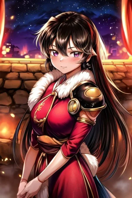 best quality 1girl Setsun4 solo long hair, (night time) forest background black hair very long hair purple eyes multicolored hair armor, small, (fur trim) (medium body),<lora:EMS-179-EMS:0.800000>,<lora:EMS-293862-EMS:0.800000> bow, hair_bow, hair_tubes, red_bow, brown_hair, long_hair, bangs, ascot, frilled_bow, yellow_ascot, blush, smile, hair_between_eyes, athletic, armor, miko, ,(((intricate outfit,intricate clothes,embroidered outfit,ornate outfit,embroidered clothes,ornate clothes))), strengthmda, crossed arms,